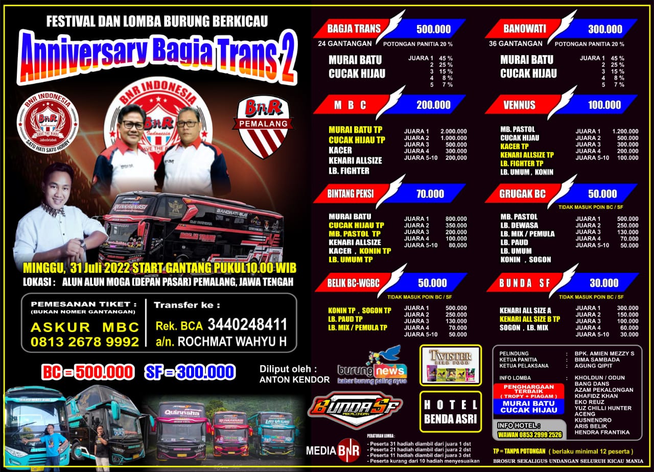 Brosur Anniversary Bagja Trans 2 Pemalang Jateng (23/07/2022)